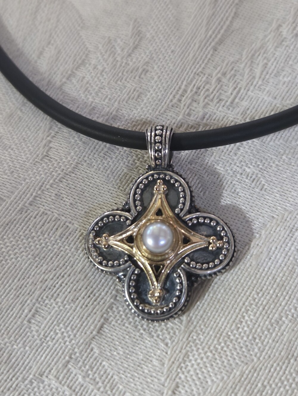 Konstantino Cross Pendant with Cultured Pearl, SS & 18k, Black Cord Chain 16"
